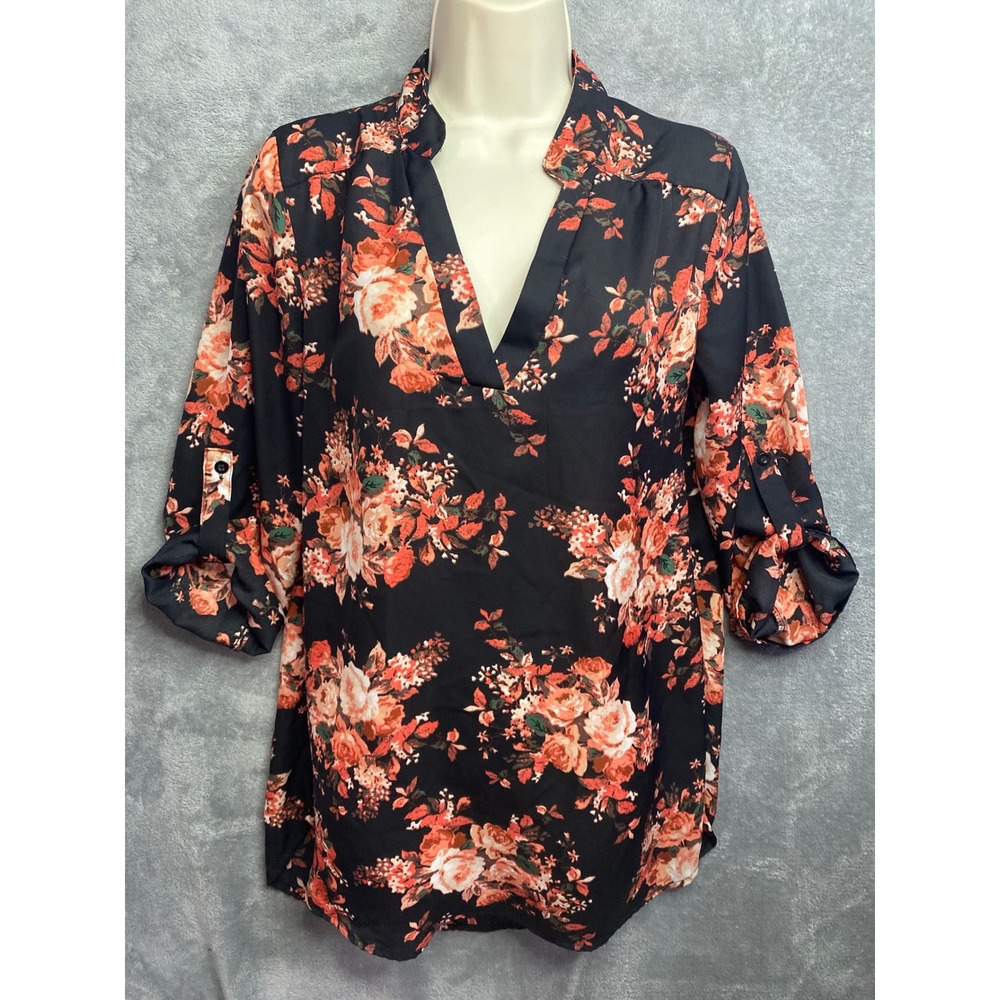 Womens Black Floral Print V‎ Neck Roll Tab Sleeve Casual Blouse Top